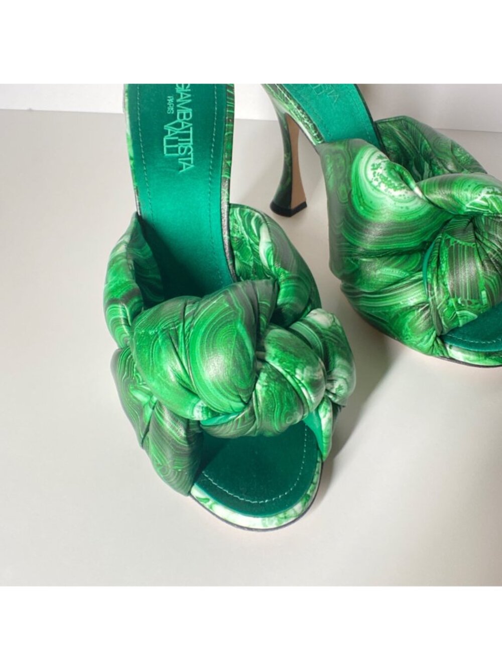 GIAMBATTISTA VALLI Maxi Green Marble Knot Mules Women's Heel Sandals Size 41 - Picture 7 of 13